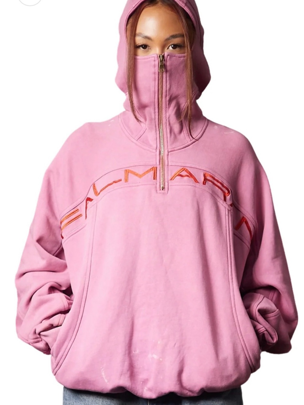 FALMARAN Komodo pink/ red hoodie SZ men’s XS women’s M denim fleece OVERSIZED